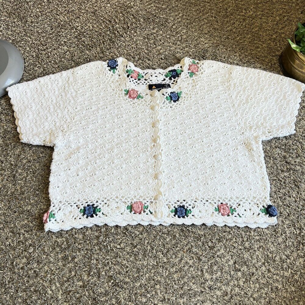VTG Liz Sport Crochet Crop Top Cottagecore Sweater Granny Festival Boho S Petite - Picture 6 of 7